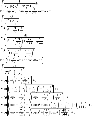 int 1x {6 (logx) ^2+ 7logx + 2 } d x =