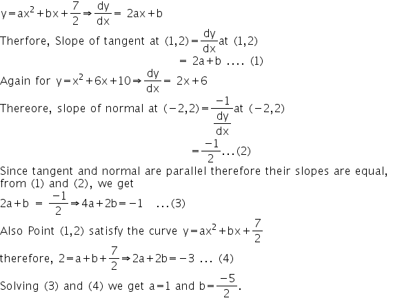 The Tangent To Y A X 2 Bx 7 2 At 1 2 Is Parallel To The Normal At The Point 2 2 On The Curve Y X 2 6x 10 Find The Value Of A And B Mathematics Topperlearning Com Ae7x84qq