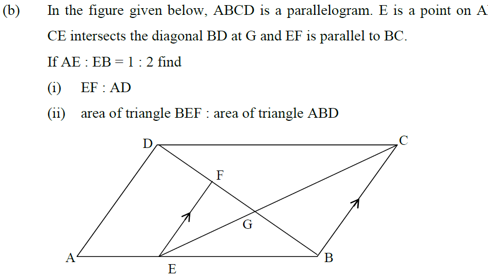 In The Figure Given Below Abcd Is A Parallelogram E Is A Point On Ab Ce Intersects The Diagonal At G And Ef Is Parallel To If Ae Eb 1