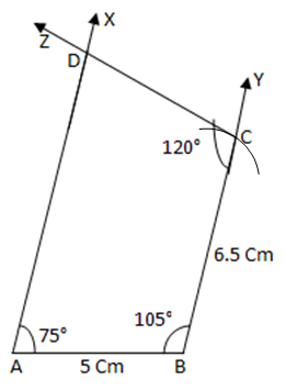 Construct a quadrilateral ABCD in which AB=5cm, BC =6.5cm, A=75°,B=105°,  C=120°. Write the steps of construction. - 79u5kpbb