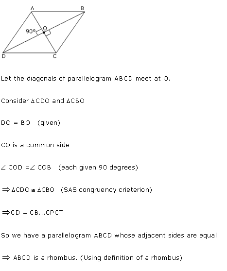 In a parallelogram ABCD, the diagonals bisects each other at 90 degrees ...