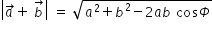 begin mathsize 14px style open vertical bar a with rightwards arrow on top plus space b with rightwards arrow on top close vertical bar space equals space square root of a squared plus b squared minus 2 a b space cos capital phi end root end style