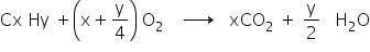 Cx ​ Hy ​ plus open parentheses straight x plus straight y over 4 close parentheses ​ straight O subscript 2 ​ space space space rightwards arrow with blank on top space space space xCO subscript 2 ​ plus space straight y over 2 ​ space space straight H subscript 2 straight O