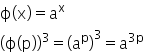 straight ϕ open parentheses straight x close parentheses equals straight a to the power of straight x
open parentheses straight ϕ open parentheses straight p close parentheses close parentheses cubed equals open parentheses straight a to the power of straight p close parentheses cubed equals straight a to the power of 3 straight p end exponent