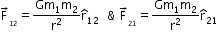begin mathsize 12px style straight F with rightwards arrow on top subscript blank subscript 12 straight thin space end subscript end subscript equals fraction numerator Gm subscript 1 straight m subscript 2 over denominator straight r squared end fraction straight r with hat on top subscript 12 thin space    & thin space thin space straight F with rightwards arrow on top subscript blank subscript 21 straight thin space end subscript end subscript equals fraction numerator Gm subscript 1 straight m subscript 2 over denominator straight r squared end fraction straight r with hat on top subscript 21 thin space straight thin space end style