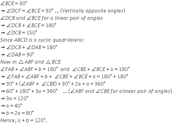 angle B C E equals 30 degree
rightwards double arrow angle D C F equals angle B C E equals 30 degree space... space left parenthesis V e r t i c a l l y space o p p o s i t e space a n g l e s right parenthesis
angle D C B space a n d space angle B C E space f o r space a space l i n e a r space p a i r space o f space a n g l e s
rightwards double arrow angle D C B plus angle B C E equals 180 degree
rightwards double arrow angle D C B equals 150 degree
S i n c e space A B C D thin space i s space a space c y c l i c space q u a d r i l a t e r a l
rightwards double arrow angle D C B plus angle D A B equals 180 degree
rightwards double arrow angle D A B equals 30 degree
N o w space i n space triangle A B F space a n d space triangle B C E
angle F A B plus angle A B F plus b equals 180 degree space space a n d space space angle C B E plus angle B C E plus a equals 180 degree
rightwards double arrow angle F A B plus angle A B F plus b plus space angle C B E plus angle B C E plus a equals 180 degree plus 180 degree
rightwards double arrow 30 degree plus open parentheses angle A B F plus space angle C B E close parentheses plus 30 degree plus 2 a plus a equals 360 degree
rightwards double arrow 60 degree plus 180 degree plus 3 a equals 360 degree space space space space... space left parenthesis angle A B F space a n d space angle C B E space f o r space a l i n e a r space p a i r space o f space a n g l e s right parenthesis
rightwards double arrow 3 a equals 120 degree
rightwards double arrow a equals 40 degree
rightwards double arrow b equals 2 a equals 80 degree
H e n c e comma space a plus b equals 120 degree.