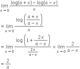 limit as x rightwards arrow 0 of fraction numerator log open parentheses a plus x close parentheses minus log open parentheses a minus x close parentheses over denominator x end fraction
equals limit as x rightwards arrow 0 of fraction numerator log space open parentheses begin display style fraction numerator a plus x over denominator a minus x end fraction end style close parentheses over denominator x end fraction
equals limit as x rightwards arrow 0 of fraction numerator log space open parentheses begin display style 1 plus fraction numerator 2 x over denominator a minus x end fraction end style close parentheses over denominator fraction numerator 2 x over denominator a minus x end fraction end fraction cross times limit as x rightwards arrow 0 of fraction numerator 2 over denominator a minus x end fraction
equals 2 over a