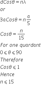 d C o s theta equals n lambda
o r
3 a C o s theta equals n a over 5
C o s theta equals n over 15
F o r space o n e space q u a r d a n t
0 less-than or slanted equal to theta less-than or slanted equal to 90
T h e r e f o r e
C o s theta less-than or slanted equal to 1
H e n c e
n less-than or slanted equal to 15

