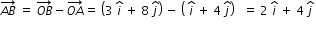 begin mathsize 12px style stack A B with rightwards arrow on top space equals space stack O B with rightwards arrow on top minus stack O A with rightwards arrow on top equals space open parentheses 3 space i with hat on top space plus space 8 space j with hat on top close parentheses space minus space open parentheses space i with hat on top space plus space 4 space j with hat on top close parentheses space space space equals space 2 space i with hat on top space plus space 4 space j with hat on top space end style