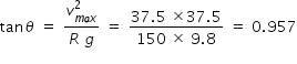 begin mathsize 14px style tan theta space equals space fraction numerator v subscript m a x end subscript superscript 2 over denominator R space g end fraction space equals space fraction numerator 37.5 space cross times 37.5 over denominator 150 space cross times space 9.8 end fraction space equals space 0.957 end style