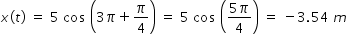 begin mathsize 14px style x left parenthesis t right parenthesis space equals space 5 space cos space open parentheses 3 pi plus pi over 4 close parentheses space equals space 5 space cos space stretchy left parenthesis fraction numerator 5 pi over denominator 4 end fraction stretchy right parenthesis space equals space minus 3.54 space m end style