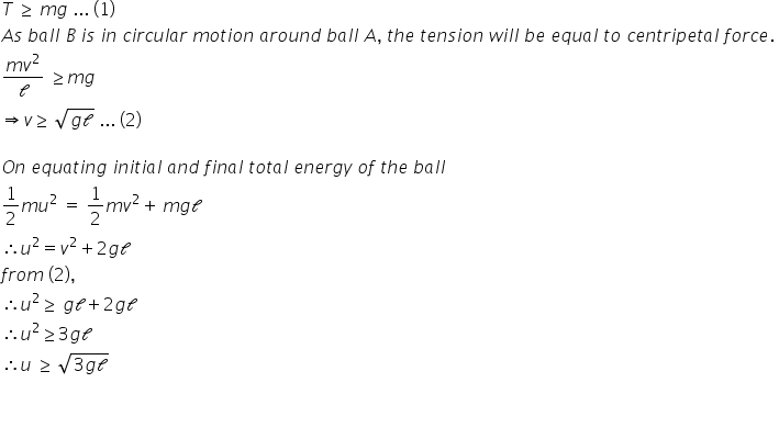 T space greater or equal than space m g space... space left parenthesis 1 right parenthesis
A s space b a l l space B space i s space i n space c i r c u l a r space m o t i o n space a r o u n d space b a l l space A comma space t h e space t e n s i o n space w i l l space b e space e q u a l space t o space c e n t r i p e t a l space f o r c e. space
fraction numerator m v squared over denominator calligraphic l end fraction space greater or equal than m g
rightwards double arrow v greater or equal than space square root of g calligraphic l end root space... space left parenthesis 2 right parenthesis

O n space e q u a t i n g space i n i t i a l space a n d space f i n a l space t o t a l space e n e r g y space o f space t h e space b a l l
1 half m u squared space equals space 1 half m v squared plus thin space m g calligraphic l
therefore u squared equals v squared plus 2 g calligraphic l
f r o m space left parenthesis 2 right parenthesis comma space
therefore u squared greater or equal than space g calligraphic l plus 2 g calligraphic l
therefore u squared greater or equal than 3 g calligraphic l
therefore u space greater or equal than space square root of 3 g calligraphic l end root space


