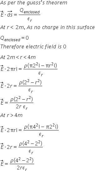 A s space p e r space t h e space g u a s s apostrophe s space t h e o r e m space
E with rightwards arrow on top times stack d s with rightwards arrow on top equals Q subscript e n c l o s e d end subscript over epsilon subscript r
A t space r less than space 2 m comma space A s space n o space c h a r g e space i n space t h i s space s u r f a c e

Q subscript e n c l o s e d end subscript equals 0
T h e r e f o r e space e l e c t r i c space f i e l d space i s space 0

A t space 2 m less than r less than 4 m
E with rightwards arrow on top times 2 πrl equals fraction numerator rho open parentheses straight pi 2 squared straight l minus πr squared straight l close parentheses over denominator epsilon subscript r end fraction
E with rightwards arrow on top times 2 r equals fraction numerator rho open parentheses 2 squared minus r squared close parentheses over denominator epsilon subscript r end fraction
E with rightwards arrow on top equals fraction numerator rho open parentheses 2 squared minus r squared close parentheses over denominator 2 r space epsilon subscript r end fraction
A t space r greater than 4 m

E with rightwards arrow on top times 2 πrl equals fraction numerator rho open parentheses straight pi 4 squared straight l minus pi 2 squared straight l close parentheses over denominator epsilon subscript r end fraction
E with rightwards arrow on top times 2 r equals fraction numerator rho open parentheses 4 squared minus 2 squared close parentheses over denominator epsilon subscript r end fraction
E with rightwards arrow on top equals fraction numerator rho open parentheses 4 squared minus 2 squared close parentheses over denominator 2 r epsilon subscript r end fraction