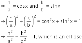 rightwards double arrow straight h over straight a equals cosx space and space straight k over straight b equals sinx
rightwards double arrow open parentheses straight h over straight a close parentheses squared plus open parentheses straight k over straight b close parentheses squared equals cos squared straight x plus sin squared straight x equals 1
rightwards double arrow straight h squared over straight a squared plus straight k squared over straight b squared equals 1 comma space which space is space an space ellipse