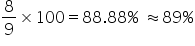 8 over 9 cross times 100 equals 88.88 percent sign space almost equal to 89 percent sign