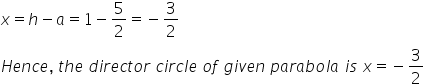 x equals h minus a equals 1 minus 5 over 2 equals negative 3 over 2
H e n c e comma space t h e space d i r e c t o r space c i r c l e space o f space g i v e n space p a r a b o l a space i s space x equals negative 3 over 2