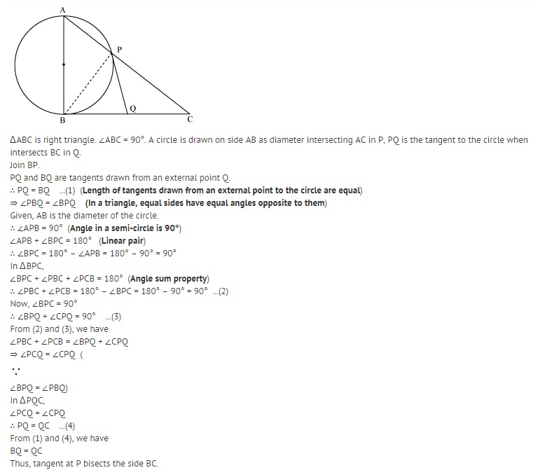 In A Right Triangle Abc Right Angled At B A Circle Is Drawn With Ab As Diameter Intersecting The Hypotenuse Ac At P Prove That The Tangent To The Circ Mathematics