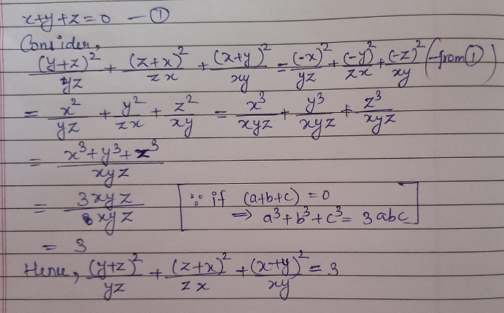 How To Solve If X Y Z 0 Find The Value Of Y Z 2 Yz Z X 2 Zx X Y 2 Xy Mathematics Topperlearning Com 7bcu50oo