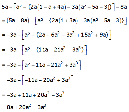 simplify 5a-[a²-{2a(1-a+4a)-3a(a²-5a-3)}]-8a - d3qe3bee