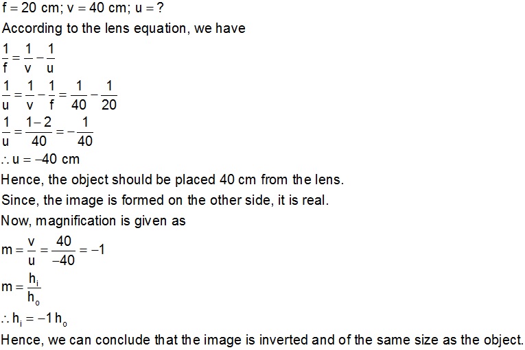 A convex lens of focal length 20 cm. At what distance from the lens
