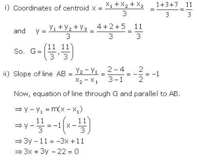 A 1 4 B 3 2 And C 7 5 Are The Vertices Of A Triangle Abc Find I The Co Ordinates Of The Centroid Of Triangle Abc Ii The Equation Of