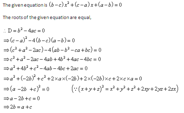 If the roots of the quadratic equation (b-c)x²+ (c-a)x +(a-b)=0 are ...