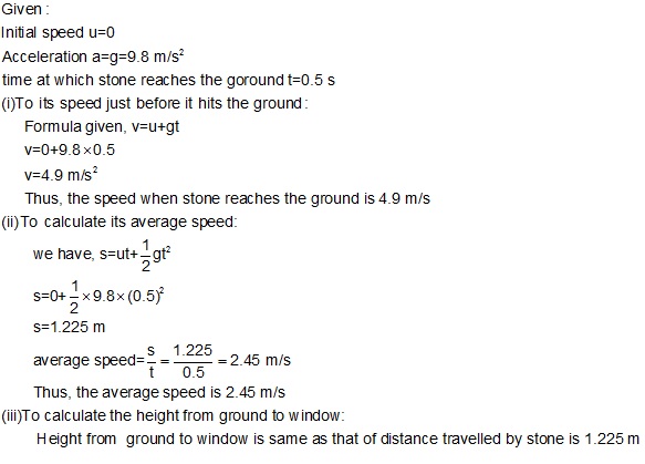 A stone is dropped from a window and reaches ground in 0.5sec. 1)find ...